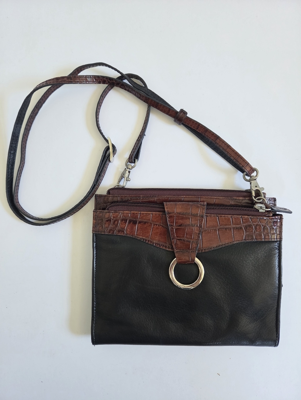 VTG Jack Georges black leather brown croc embossed crossbody purse wallet